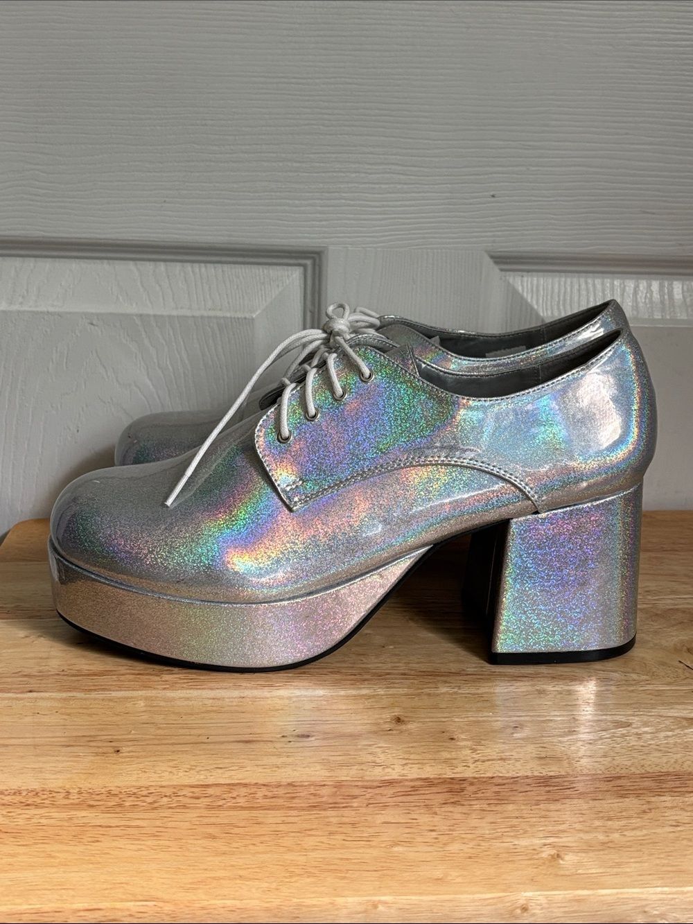 NEW 1031 Holographic Silver Platform Heels SZ 12/13 Large Unisex 70s Pride Disco